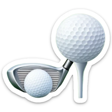A golf ball on a tee, with a golf club placed beside it on the lush green fairway. The background shows a serene golf course with neatly trimmed grass and a clear blue sky, emphasizing the elegance and precision of the game. sticker