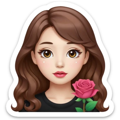 “korean brown hair Emoji girl, soft eyeliner, gradient rose lips, light brown shimmer eyeshadow, sparkly aegyo-sal, long wavy hair,  sticker