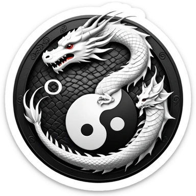 An icon symbolizing Eastern martial arts in the style of an emblem, featuring a black-and-white Yin-Yang symbol and a dragon at the center, surrounded by elements like a dojo. Transparent background highlights balance and power. sticker