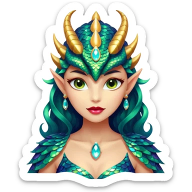 A gorgeous dragon woman with glittering jeweled scales covering her body and face. She has large almond shaped eyes, lush lips, and she wears a stunning luminescent gown. sticker
