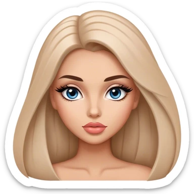 Glamours, tanned, very beautiful girl, with big pump peach-beige-rose lips, long long lashes, black straight smooth silky long hair, straight parting hair, blue-grey eyes sticker