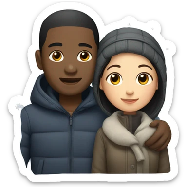 Black guy and Asian girl cuddle in the winter sticker