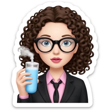 A girl with white pale skin, blue eyes, full lips, brunette long curly hair. She has a leopard print round-ish shaped glasses. She is wearing a all black suit with light pink blouse inside the suit. She is making a self care face mask  sticker