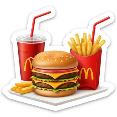 make a Luxe Cheeseburger Meal combo with cold drink inside that a straw and some ice cubes and beside some McDonald's fries box inside some thick fries

 with a angle to 15–20° gentle bird’s-eye angle  sticker