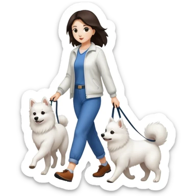 Brunette woman walking a Japanese Spitz dog sticker