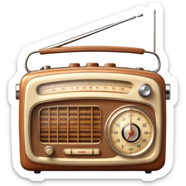 A photorealistic icon featuring an old-fashioned radio with a vintage dial, radio waves emanating from it, and a warm, glowing light. The design includes detailed textures, soft lighting, and nostalgic elements, symbolizing the love for radio broadcasting and music. Transparent background. sticker