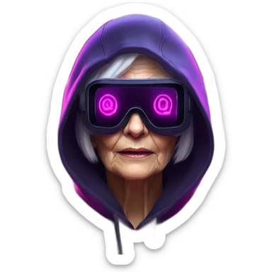 Russian old woman wearing a black hoodie with "OMG" letters on it and VR headset in a cyberpunk VR environment with violet neon lighting. sticker