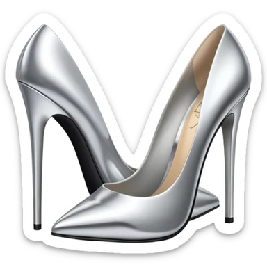 A pair of high heel shoes emoji made of polished silver chrome, elegant sharp silhouette, smooth metallic surface, glossy reflections, luxury sexy vibe, minimalistic iOS emoji style, centered, clean white background sticker