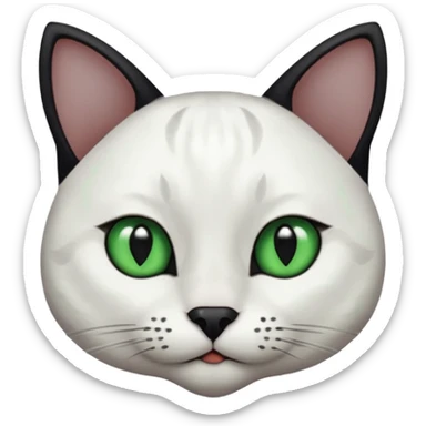 Haz una gata de ojos verdes la cara blanca con mancha negra en las orejas que agarra parte de la frente del lado der pero del iz va desde el ojo hasta la oreja la mancha, tiene la nariz negra en forma de corazón y todo lo que sobra de la cara, barbilla la nariz arriba y el lado de bigotes es blanca sticker