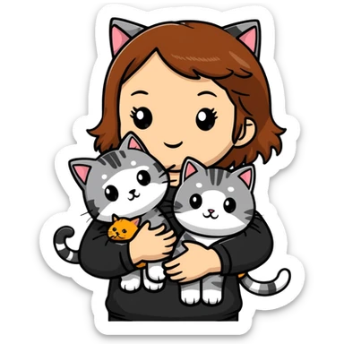 tan brown hair girl holding two black and grey striped cats sticker