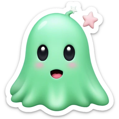 A cute, light green animated blob ghost with big round black eyes, a small white mouth, and rosy cheeks. The character has a unique upward-curving white tuft on its head. It stands against a soft pastel green background with a small white star to its left.  sticker