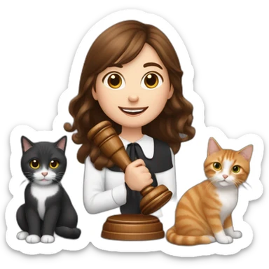 a young girl with brown hair grabbing a Gavel like a judge, and with two cats behind her, one cat black and the other cat snowshoe sticker