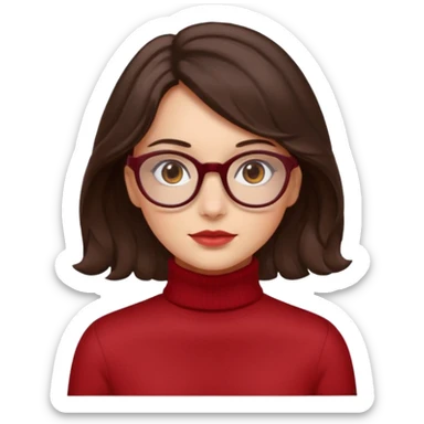 A girl has fair skin wavy dark brown hair, has glasses and almond brown eyes wears red turtle neck sticker