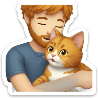 Boy with brown hair and beard playing with ginger cat sticker