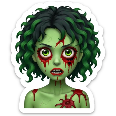 uma mulher com cabelos pretos e mechas vermelhas, cabelos encaracolados, e ela é um zumbi verde com olhos arregalados e marcas de mordidas e machucados pelo corpo  sticker