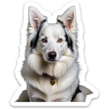 A pure white Border Collie dog sitting, with fluffy fur, alert pointed ears, and friendly expression sticker