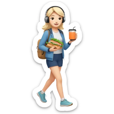 a young woman full length walks with headphones on with a salmon sandwich in one hand and herbal tea in the other hand sticker