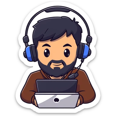 Serious male gamer with black hair, brown eyes, black beard, gaming headset sticker