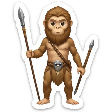 fullbody monkey Neanderthal with a human face, long hair, long beard, holding a spear sticker