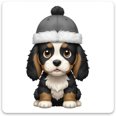 A black and white Russian Cocker Spaniel puppy wearing a cap, facing right sticker