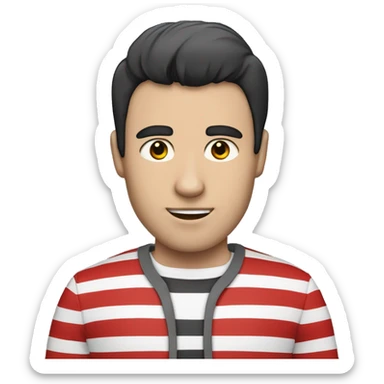 A  man with a shirt with red, black and white stripes (the man has black hair and white skin) sticker