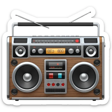 3D render of Boombox, vintage 1980s audio equipment aesthetic, tactile analog buttons, silver chrome body with black speakers, mixed wood grain and brushed aluminum textures, Apple emoji style, isolated on white background --v 6.0 sticker