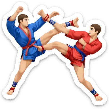 An icon symbolizing Sambo, featuring two fighters in blue and red kimonos with shorts and wrestling shoes. One executes a powerful throw, while the other attempts a defensive grab. The fighters are engaged in a grapple, using joint locks and sweeps.  sticker