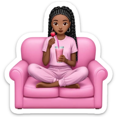 A dark-brown-skinned Black woman with black box braids, sitting on a pink couch, holding a smoothie cup with a straw, sipping and looking relaxed. She’s wearing comfy loungewear in a cozy setting. sticker
