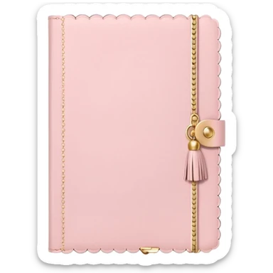 a soft pink journal with scalloped edges, tiny gold dot details, and a small tassel charm, cozy and elegant stationery vibe sticker