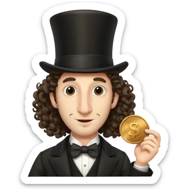 Jewish man with a long nose that sticks out a top hat slightly long curly hair and a penny in his hand sticker