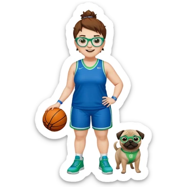 Full Body plus size white female basketball player with short medium brown hair with short spike hair wearing blue glasses 
With a pug wide nose wearing blue green uniform  green sneakers smiling wearing silver hoop earrings sticker