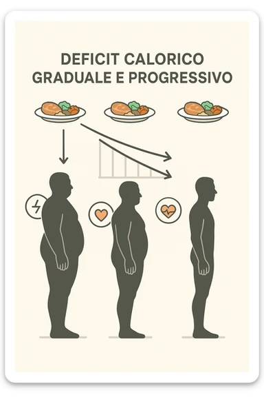 una sequenza di tre sagome umane affiancate, ognuna rappresenta una fase diversa di perdita di peso graduale. Sopra ogni figura, un piatto mostra porzioni di cibo bilanciate ma leggermente ridotte. Frecce e grafici illustrano una diminuzione lenta e costante dell’apporto calorico giornaliero, con icone che rappresentano energia, salute e mantenimento della massa muscolare. Sfondo pulito e moderno, con etichette chiare che spiegano “deficit calorico graduale e progressivo” sticker