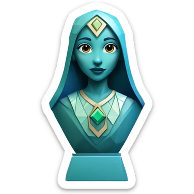 Sculpture oracle priestess with a geometric faceted design with disney features. Oracle of delphi is sparkling and standing upright on a base with angular and flower features. The vibrant blues neutrals and greens highlights the sharp edges and planes.  sticker