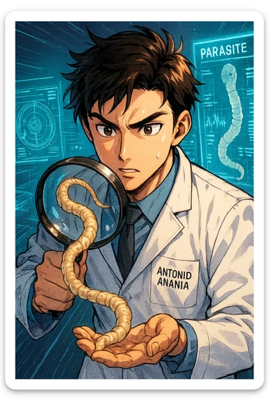 A dynamic manga/webtoon-style illustration of a young male kinesiologist wearing a clean white lab coat, analyzing light beige worms like a tapeworm under a magnifying glass. His expression is focused and slightly intrigued, with sharp, detailed eyes. The art style is vibrant, with bold linework, rich colors, and dramatic lighting. The background is a futuristic laboratory with glowing holographic screens displaying parasite data. The tapeworm is intricately drawn, slimy and segmented, with a slightly exaggerated yet realistic texture. The composition is dynamic, with motion lines or energy effects to emphasize his scientific investigation. The atmosphere is intense but not dark, keeping a balance between scientific seriousness and stylish manga aesthetics, he has "ANTONIO ANANIA" WRITTEN ON WHITE LAB COAT sticker