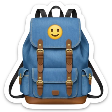 An emoji-style blue denim backpack with a flap top and one small buckle straps attached only on the flap, not connected to the front panel. No front pockets or vertical straps below the flap. Clean and minimal design with two side pockets. 



 sticker