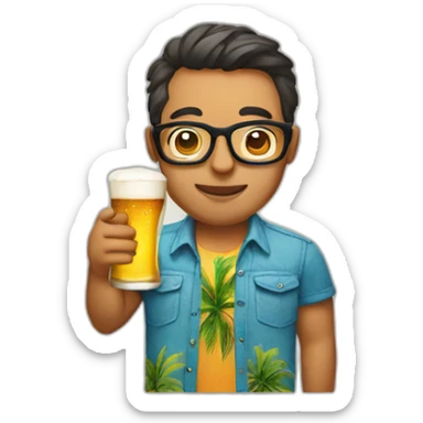 person wearing glasses alohashirt is holding beer sticker