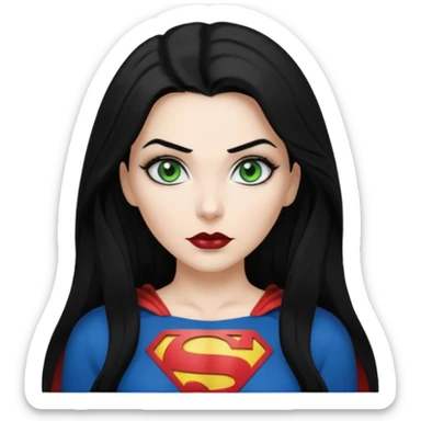 Black haired woman, green eyes, black lipstick, white skin, black t shirt, sharp face, long hair, feminine, Devine, superman logo on t shirt sticker