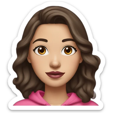 Women with long wavy dark brown hair and long eyelashes blue eyes with pink cheeks and pink lips and thick dark brown eyebrows wearing a hoody sticker