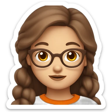 cute chubby girl with light grey glasses with long brown hair waving wearing a dark orange sweater sticker
