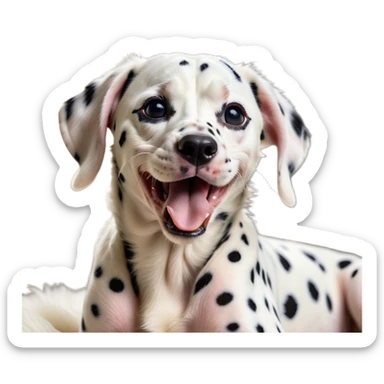 Cinematic Cute Yawning Spotted Dalmatian Portrait Emoji, Head tilted slightly with a dramatic, wide-open yawn, showcasing a smooth Fur of predominantly white with bold black patches, floppy ears slightly drooping, round eyes barely open in drowsy contentment, Simplified yet irresistibly adorable features, highly detailed, glowing with a soft, cozy glow, high shine, relaxed yet expressive, stylized with a touch of whimsy, bright and endearing, soft glowing outline, capturing the essence of a sleepy yet affectionate guardian, so drowsy it feels like it could stretch out of the screen and curl up for a nap! sticker