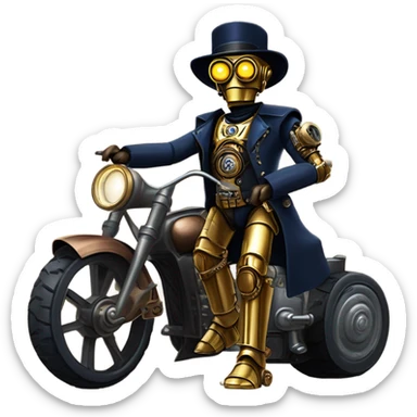 Old west Bounty hunter C-3PO wearing a pair of navy-blue rimmed steampunk goggles, hat, leather chaps, fringe jacket riding a relaxed 3 wheeler trike steampunk motorcycle in desert town  sticker