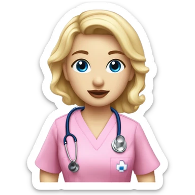 Blonde girl blue eyes nurse in royal blue scrubs with curtain bags wearing a Stethoscope and pink lips  sticker