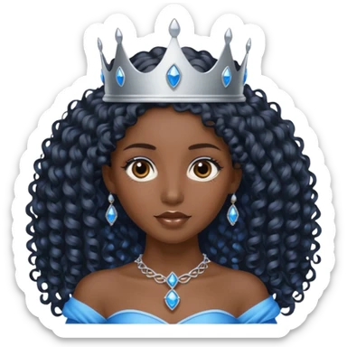 Por favor hazme el emoji de la princesa pero morena con el pelo negro y rizado y largo, los ojos marrones y la corona plateada con jollas azules sticker