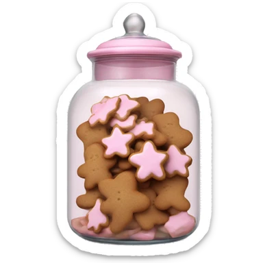 Realistic glass cookie jar with light pink lid full of gingerbread cookies isolated.  sticker