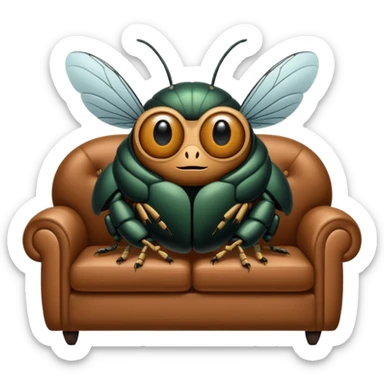 Black Cicada cartoon style with black shiny round eyes watching on a phone sit on a brown sofa  sticker