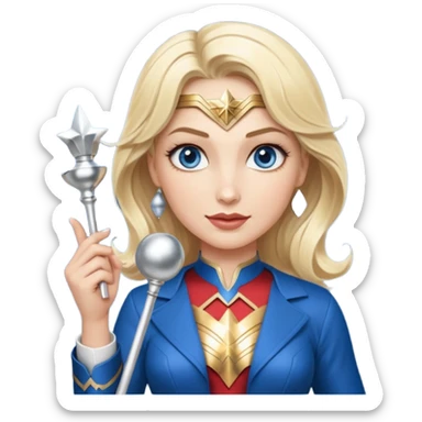 Blonde blue eyes Wonder Woman holding bell and short white orchestra conductor’s baton  sticker