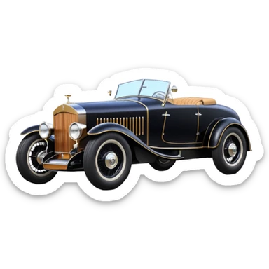 Batgirl’s black Bare bones drag strip modified (fenders removed) chopped streamlined sporty roadster that is a (stripped down) hot street rodded engine sports car 1932 Rolls Royce Woody futuristic  wide racing wheels that are held strong by advanced suspension and steering sticker