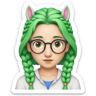 braided unicorn wiith big visible braids looking into the camera spectacled green hair sticker