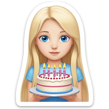 Straight long blonde hair blue eyes girl holding birthday cake sticker