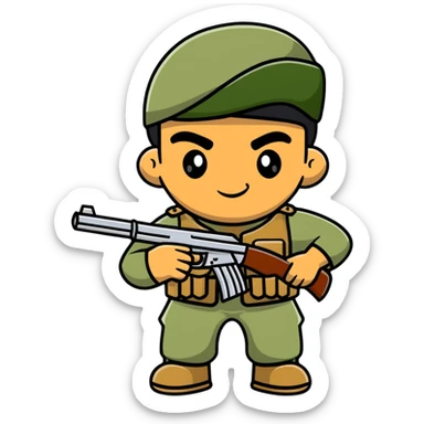 Indian soldier greasing a gun, cartoonish sticker sticker